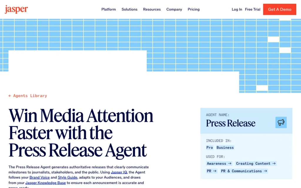 Jasper公式サイトのPress Release Agentページの実際の画面。「Win Media Attention Faster with the Press Release Agent」の見出しと、Pro・Businessプランに含まれることが表示されている
