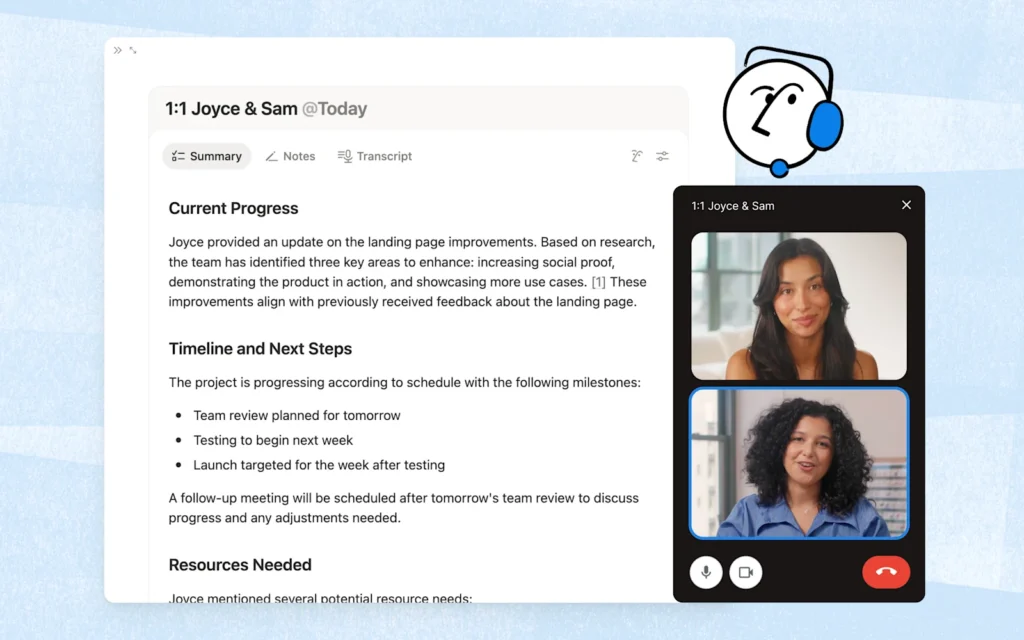 Notion AI Meeting Notesの実際の画面。会議終了後にSummary（要約）タブへ進捗・今後の予定・必要リソースが自動生成され、Notes・Transcript（文字起こし）タブと切り替えられる