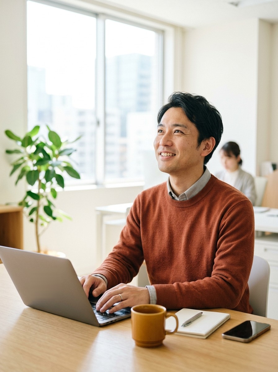 明るいオフィスでノートPCに向かい、顔を上げて微笑む担当者の写真