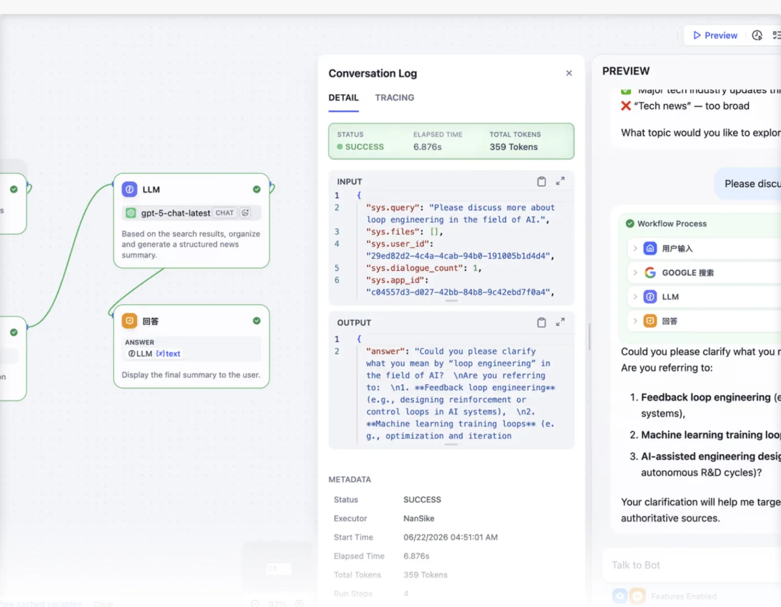 Difyのワークフロービルダー画面。LLMノードと回答ノードが線で接続され、右側のConversation Logに実行ステータス・所要時間・消費トークン数・入出力JSONが表示されている