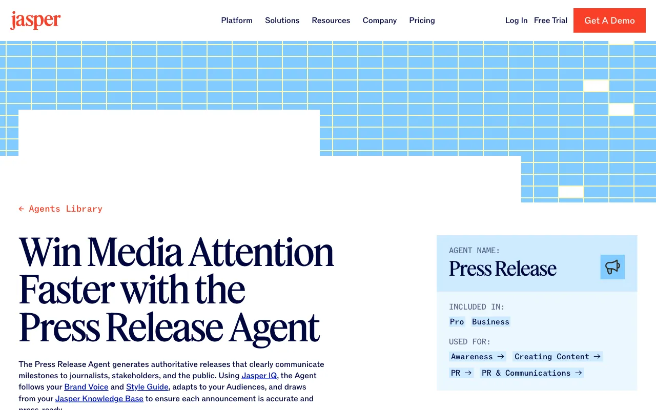 Jasper公式サイトのPress Release Agentページの実際の画面。「Win Media Attention Faster with the Press Release Agent」の見出しと、Pro・Businessプランに含まれることが表示されている