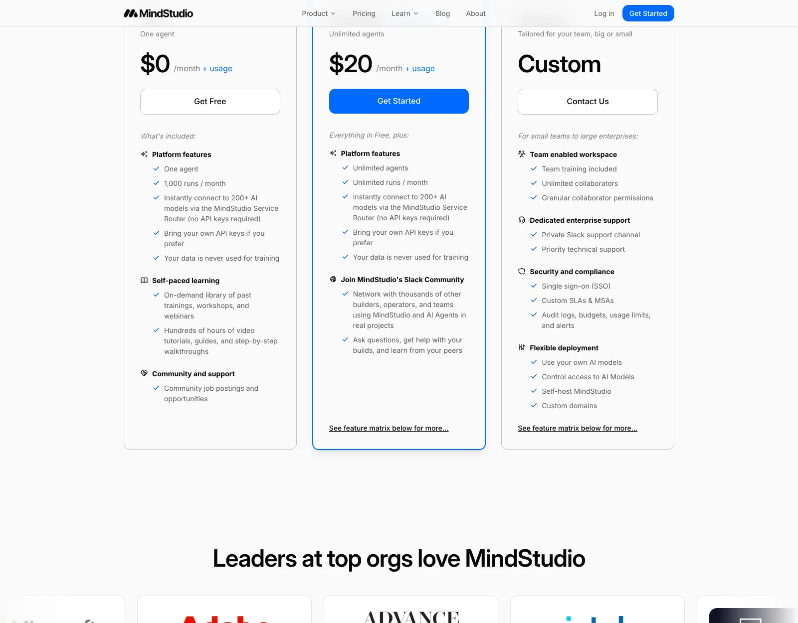 MindStudio公式料金ページのプラン比較。Freeが「$0 /month + usage」、Individualが「$20 /month + usage」、Businessが「Custom」と表示され、Freeには「One agent」「1,000 runs / month」の記載がある