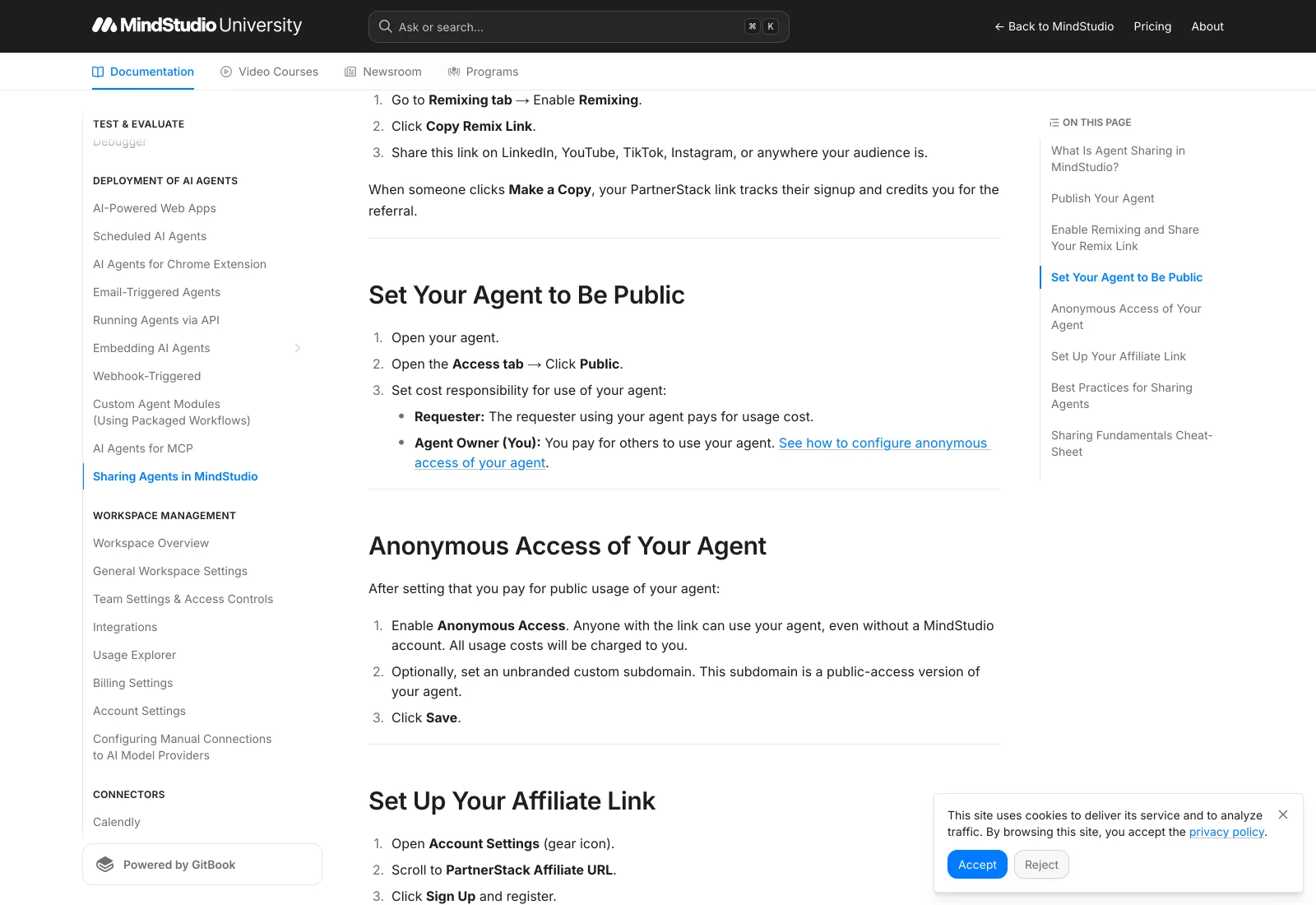 MindStudio公式ドキュメント「Sharing Agents in MindStudio」のページ。エージェントの公開・共有手順が解説され、右側の目次に「Anonymous Access of Your Agent」「Set Up Your Affiliate Link」などの項目が並んでいる