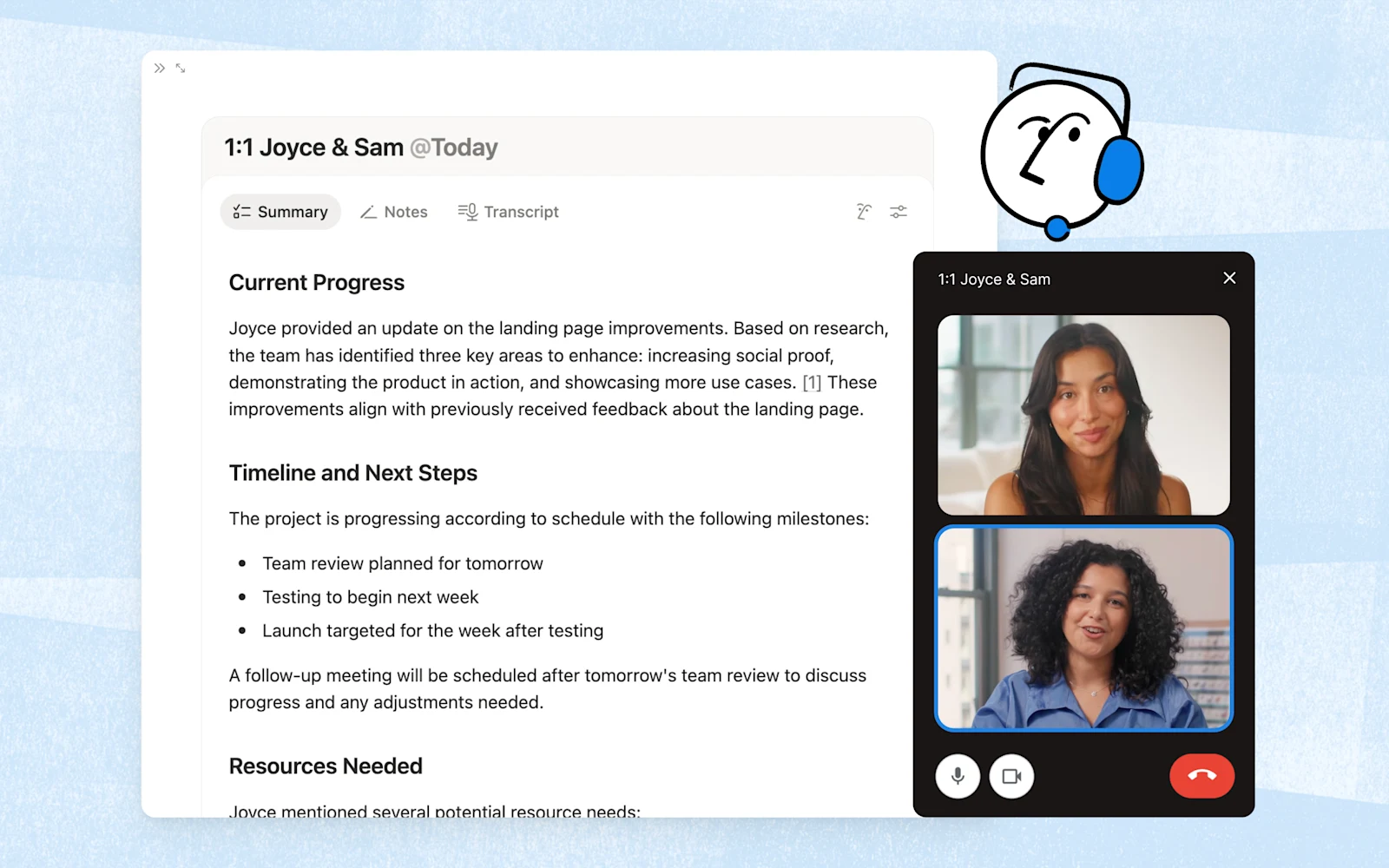 Notion AI Meeting Notesの実際の画面。会議終了後にSummary（要約）タブへ進捗・今後の予定・必要リソースが自動生成され、Notes・Transcript（文字起こし）タブと切り替えられる
