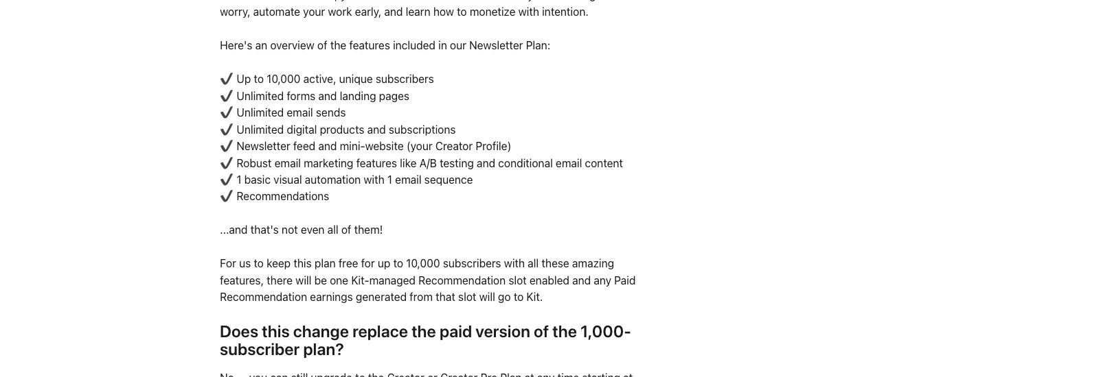 Kit公式ヘルプセンターのNewsletter Planページ。無料プランの機能一覧に「1 basic visual automation with 1 email sequence」「Recommendations」が明記され、Kit管理のRecommendation枠の収益がKit側に帰属する旨の説明が続く