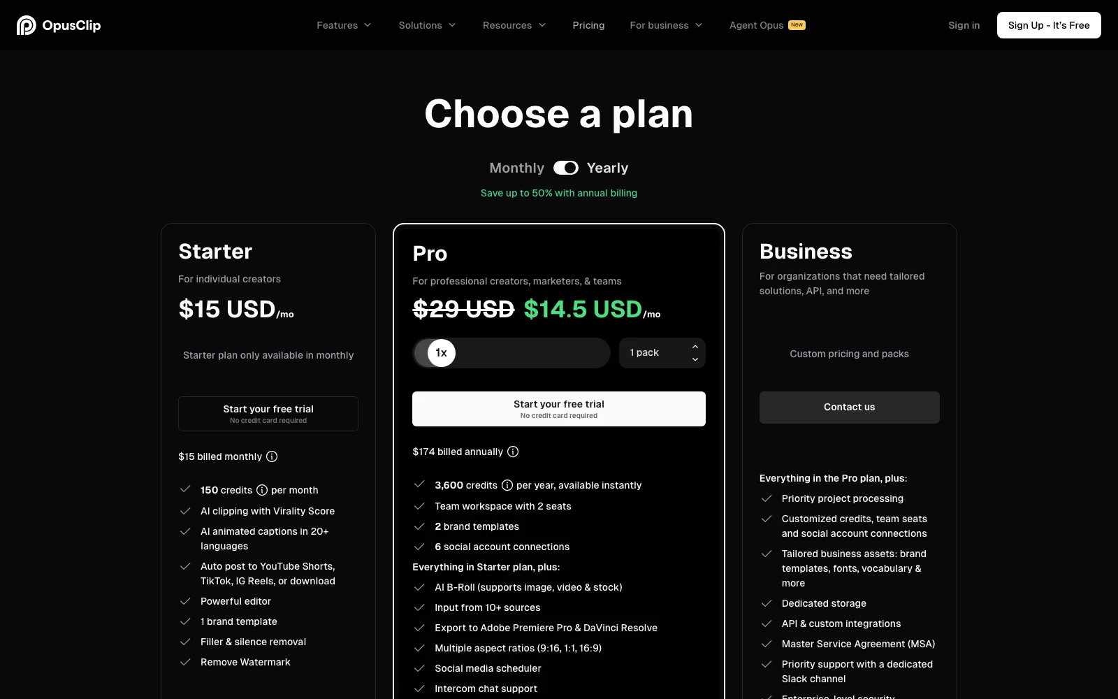 OpusClip公式サイトの料金ページ。Starter/Pro/Businessの3プランが並び、Proは期間限定プロモーションで$29が$14.5に割引表示されている